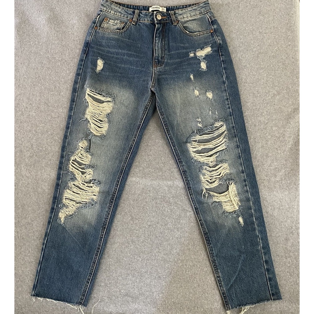 Pull & Bear Womens 27 Mom Jeans High‎ Rise Distressed Ankle Med Wash Denim
